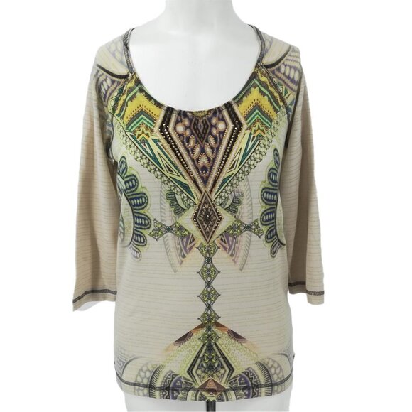ONE WORLD Tops - One World Raglan Sleeve Knit Top Size S Ethnic Geometric 3/4 Sleeve Gold Cream